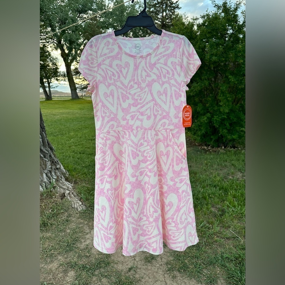 Wonder Nation Hearts Summer Dress Girls XL 14 / 16 Pink & Cream Pockets NEW! NWT